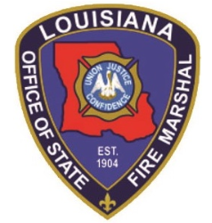 Louisiana State Fire Marshal logo: Blue and gold shield with Louisiana outline and eagle seal.