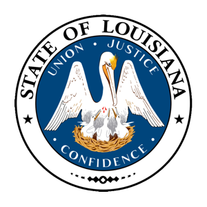 Louisiana state seal: Pelican feeding chicks in a nest, surrounded by text on a blue and white background.