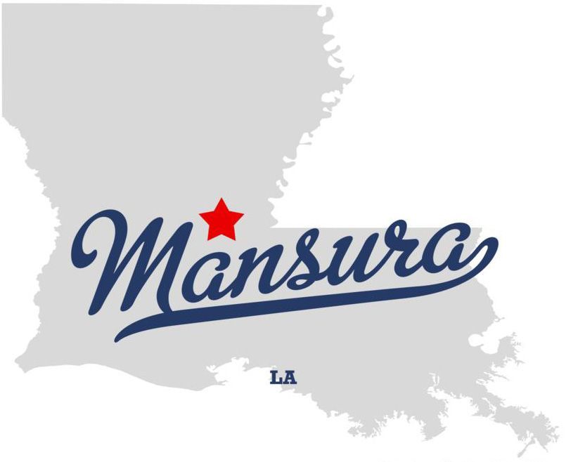 Map of Louisiana with a red star marking Marksville; cursive 