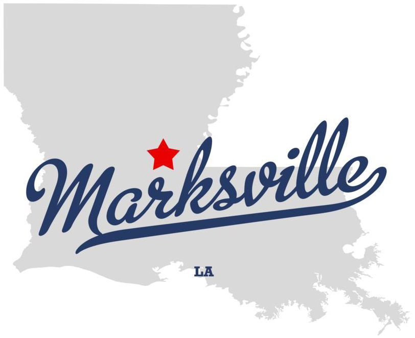 Map of Louisiana with a red star marking Marksville; cursive 
