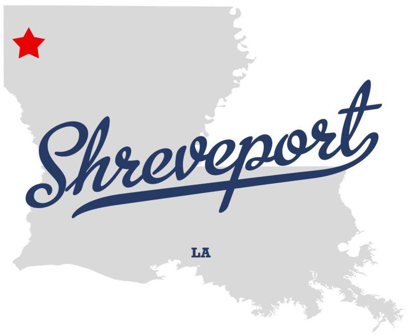 Map of Louisiana with a red star marking Shreveport. 