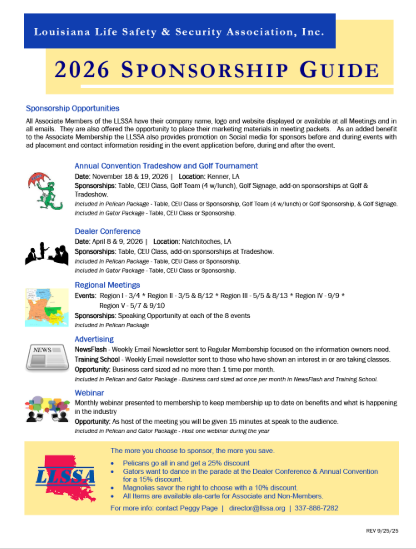 2026 Sponsorship Guide from Louisiana Life Safety & Security Association, Inc. Includes details on sponsorship opportunities.