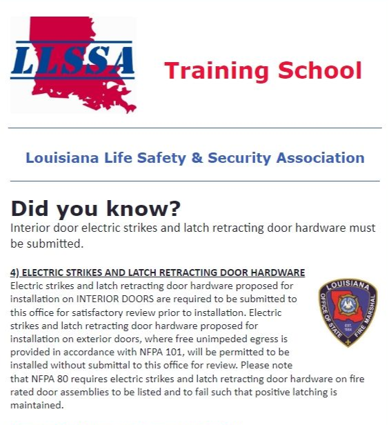LLSSA Training School document: Interior door electric strikes and hardware submission requirements for Louisiana.