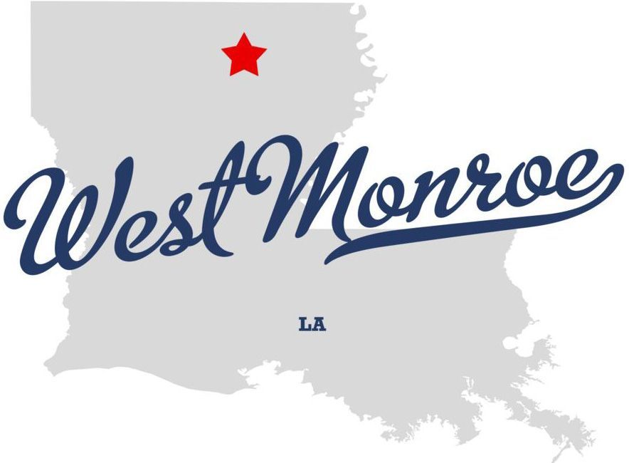 Map of Louisiana with a star indicating West Monroe. Text overlay reads 