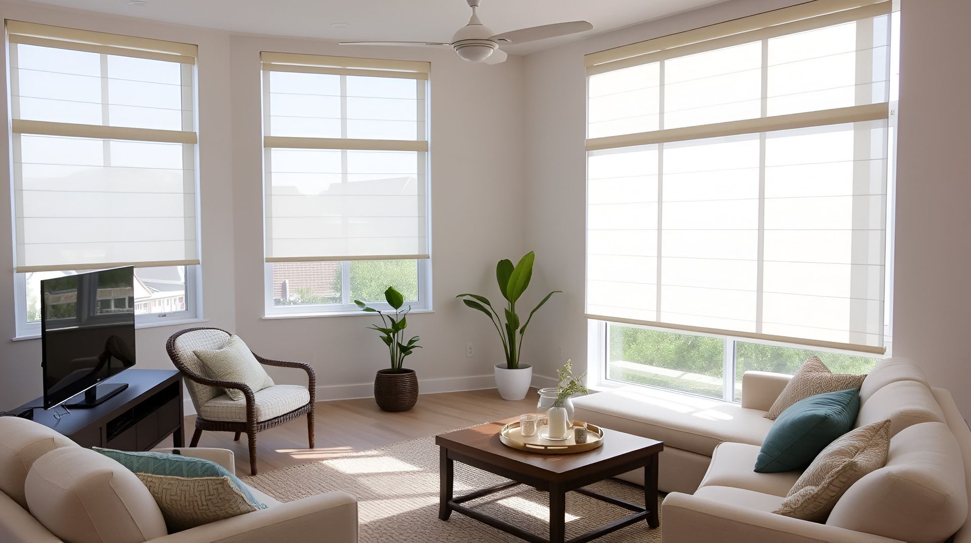 Contemporary interior with roller shades and bright summer-inspired décor.