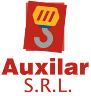 Logotipo de Auxilar SRL en color rojo, con un emblema estilizado en amarillo y rojo sobre el nombre de la empresa.
