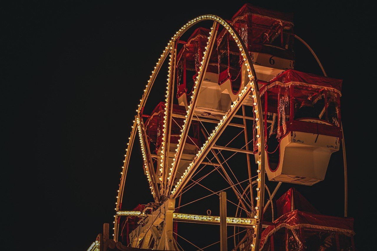 a large ferris wheel is lit up at night