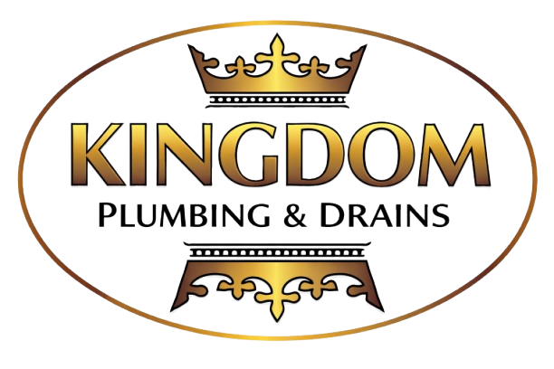 Logo for Kingdom Plumbing & Drains: gold crown and bracket details, centered text in gold on white oval background.