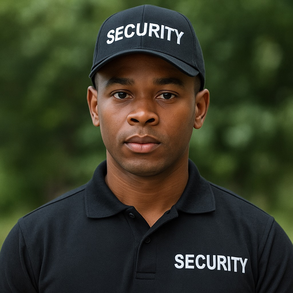 A security guard wearing a black hat and a black polo shirt.