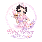 Betty Boop diner logo. Betty Boop in a pink dress and apron holding a burger and milkshake. Pastel colors.