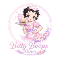 Betty Boop diner logo. Betty Boop in a pink dress and apron holding a burger and milkshake. Pastel colors.