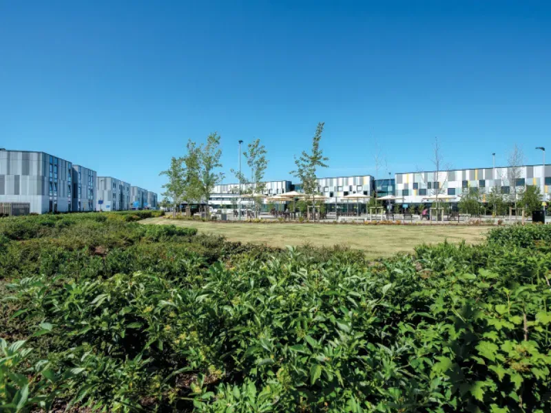 HOST Somerset | A row of buildings are surrounded by a lush green field.