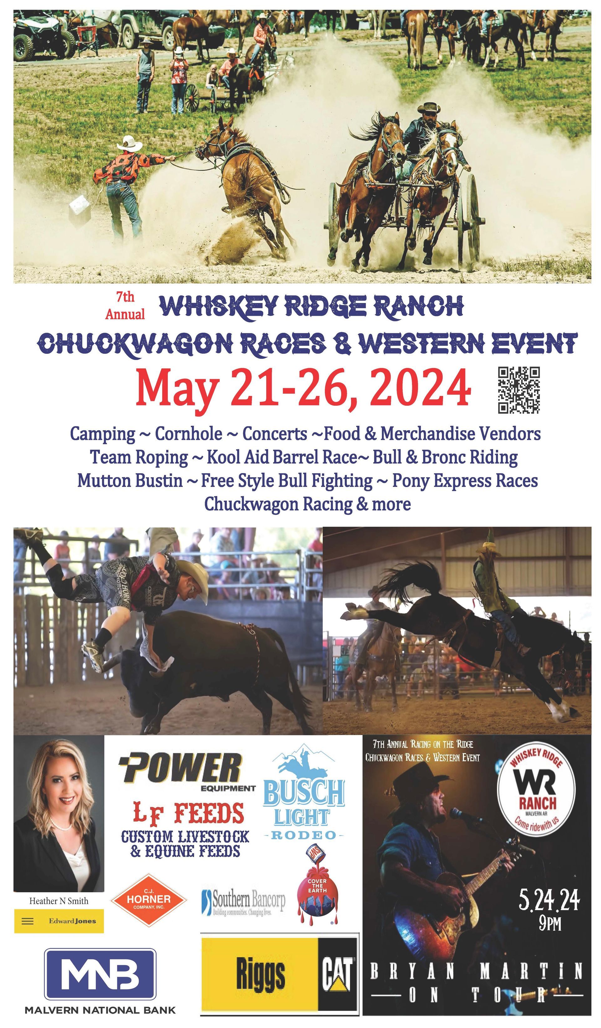 Whiskey Ride Marathon event poster with horse race scenes and dates May 21–26, 2024