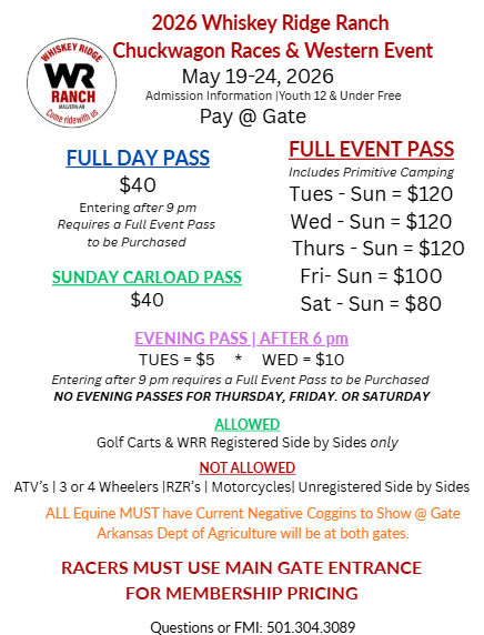 Whitey Ridge Ranch Chuckwagon Races & Western Event flyer with pass prices and event schedule details.