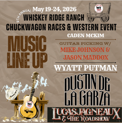 Whiskey Ridge Ranch chuckwagon races and western event poster with music lineup and guitar graphics