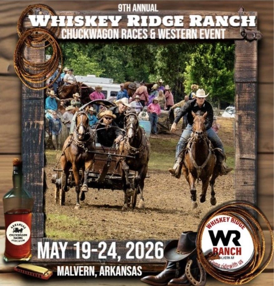 Whiskey Ridge Ranch chuckwagon races poster, May 19–24, 2026, with horse-drawn wagons charging forward.
