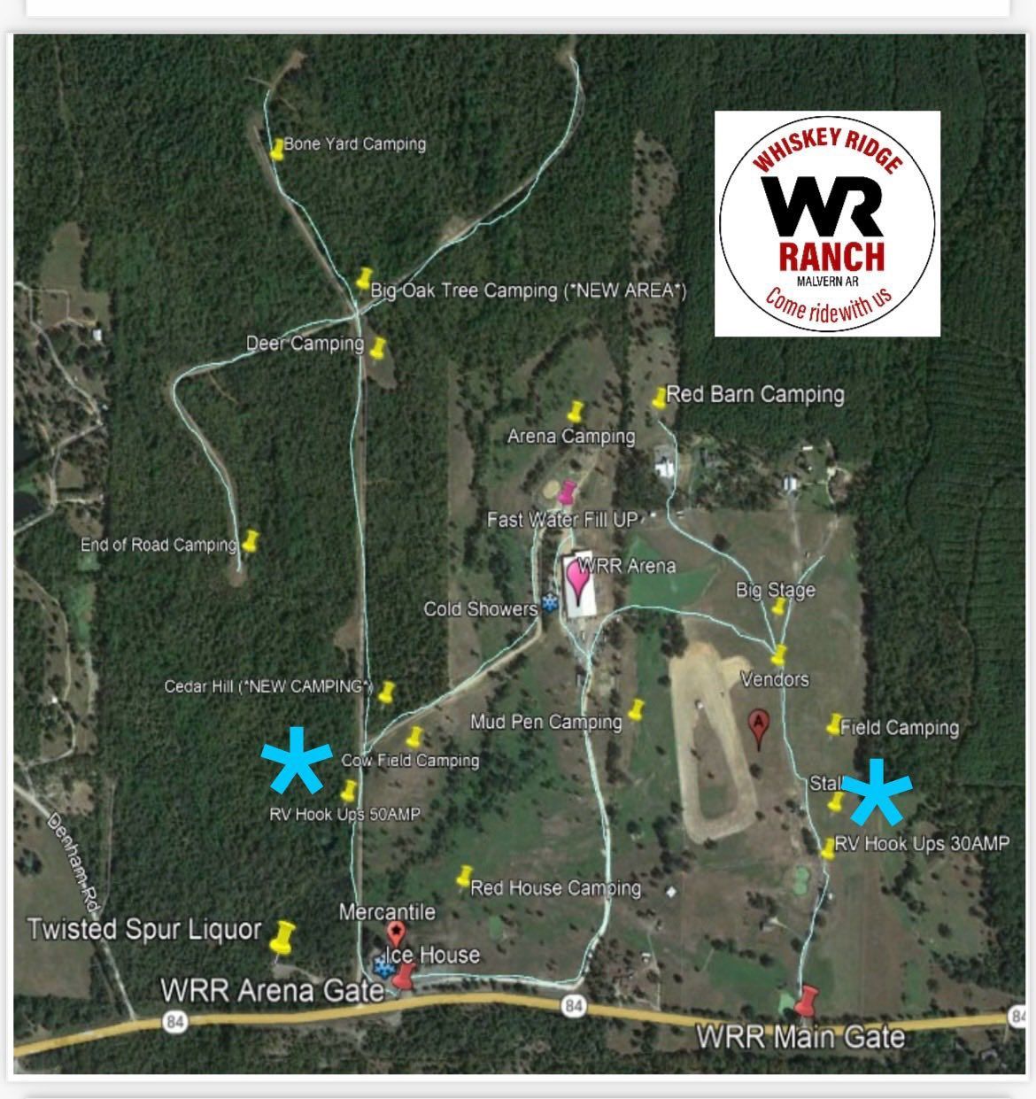 Map of WR Ranch with marked trails, roads, and two blue star locations on a forested campground map