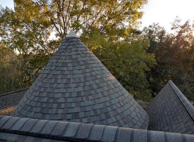 A cone shaped roof with a tree in the background