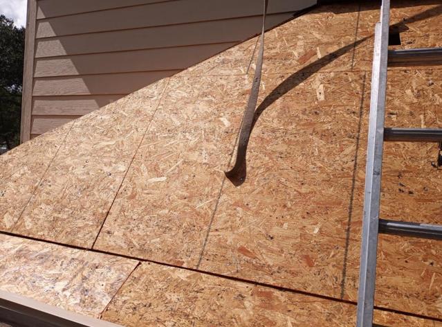 A ladder is sitting on top of a wooden roof.