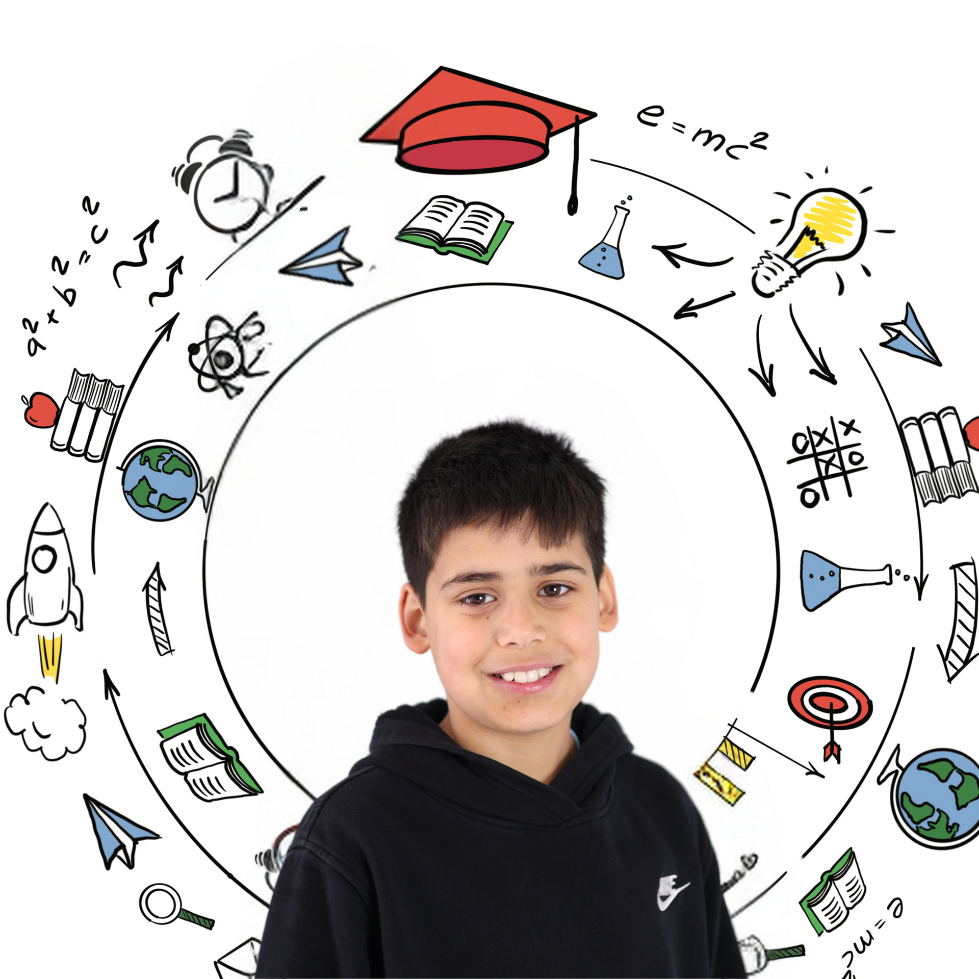 A young boy is standing in front of a drawing of a graduation cap.