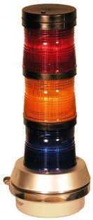 A stack of red , yellow , and blue lights on a white background.