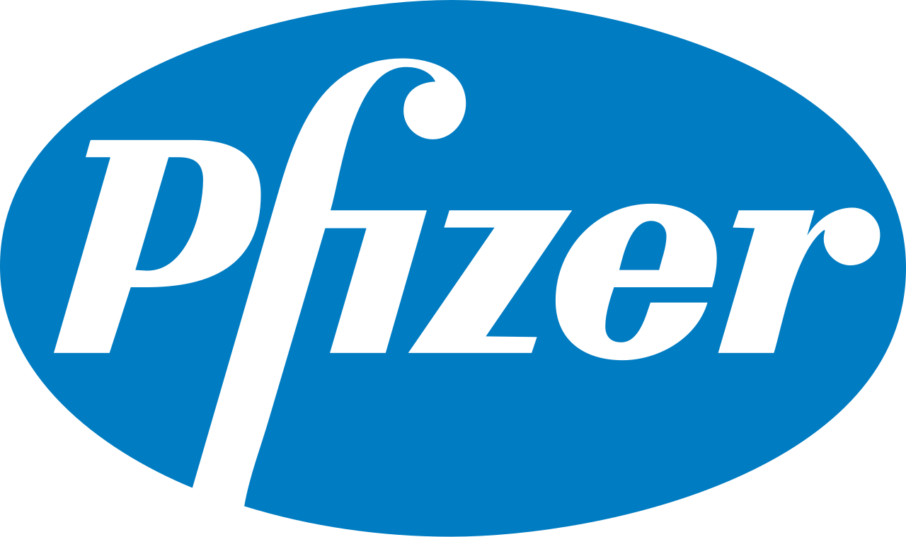 A blue pfizer logo on a white background