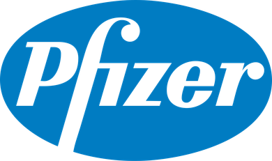 A blue pfizer logo on a white background