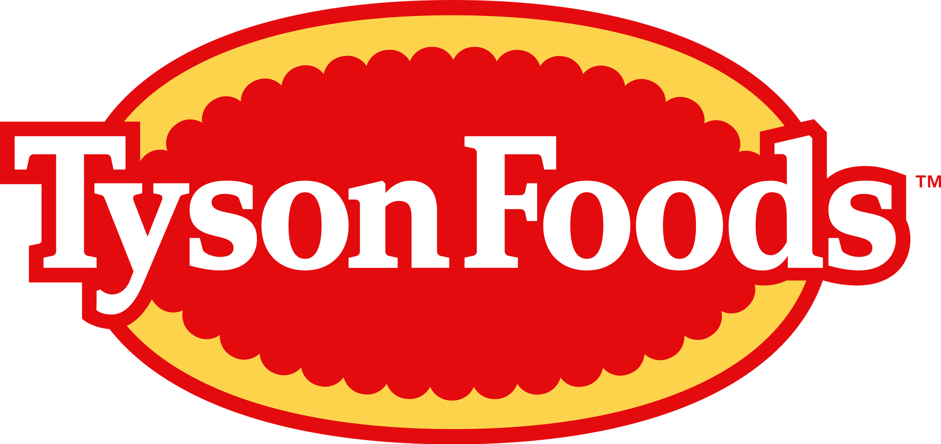 The tyson foods logo is red and yellow and looks like a football.