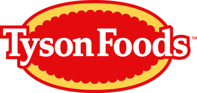 The tyson foods logo is red and yellow and looks like a football.