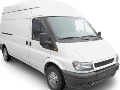 White cargo van, parked, angled view.