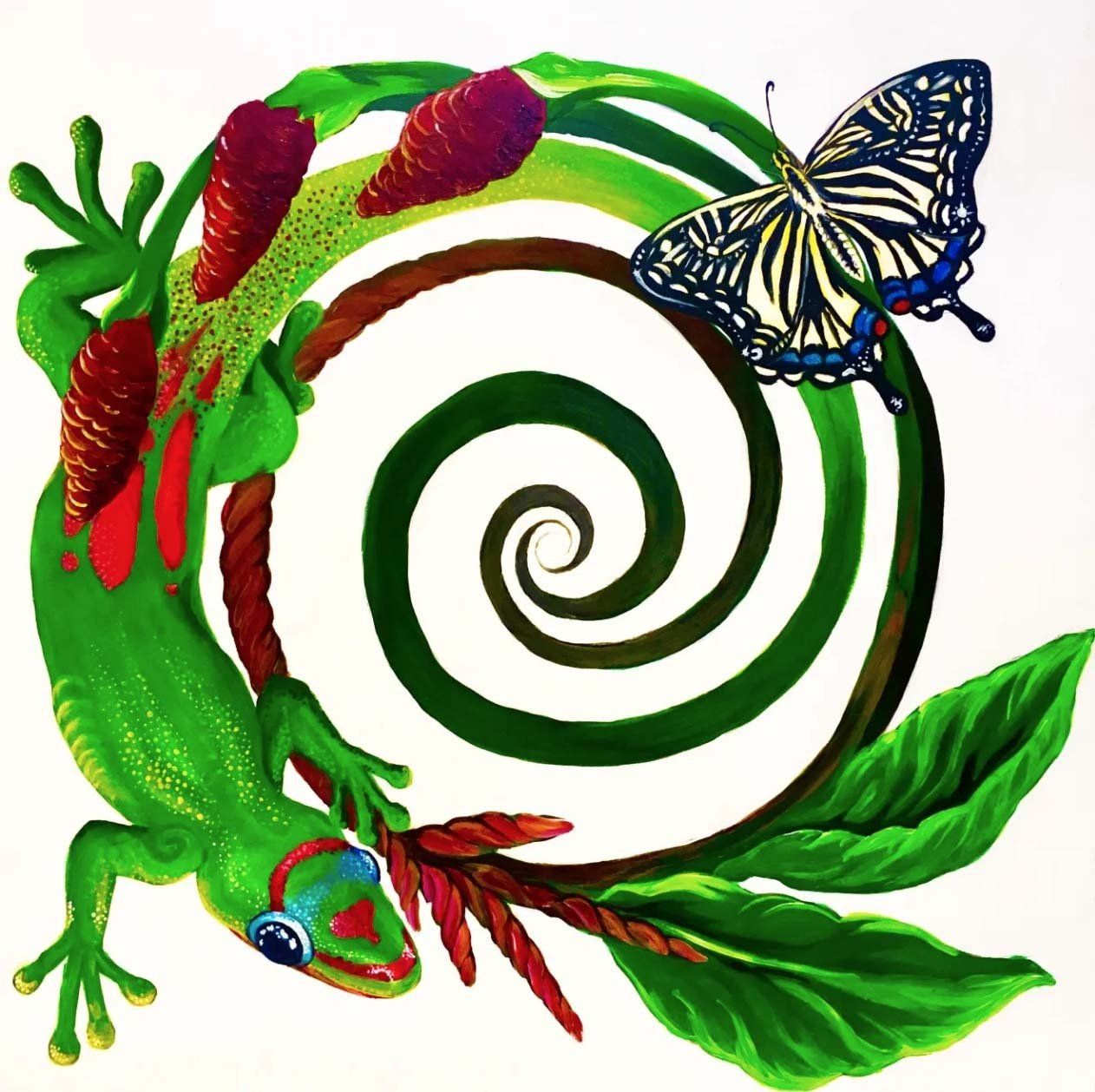 The image is a painting of a Rainbow Day  Gecko and a Eastern Swallow Tail Butterfly on top of a spiral.