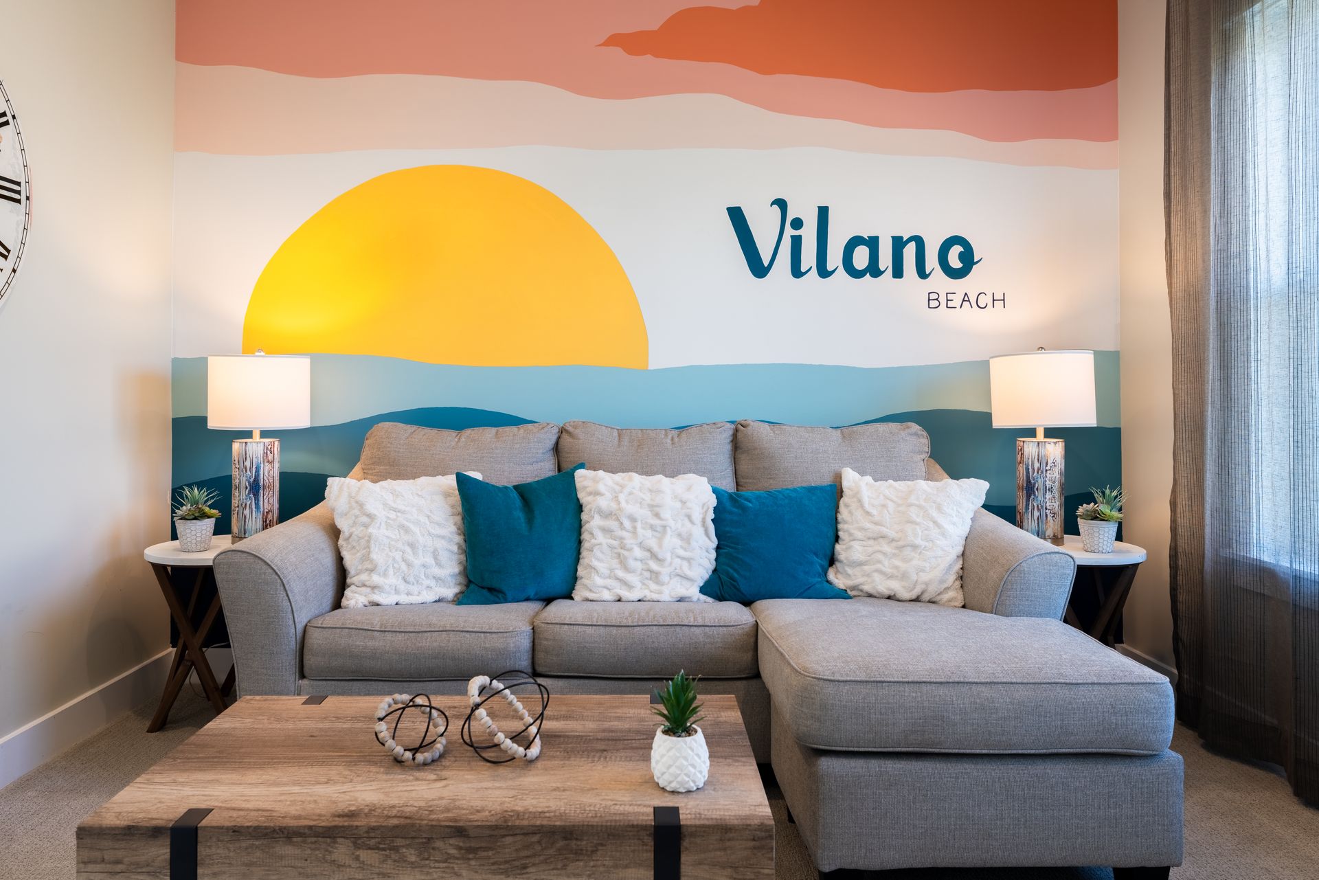 Vibrant coastal-inspired accent wall/wall art in Vilano Beach, Florida, in a short term rental/airbnb right outside of St. Augustine.