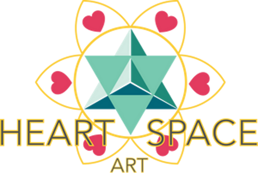 Logo: Teal and gold geometric design with hearts and text 