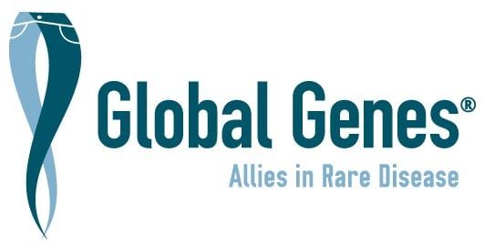 Global Genes logo with blue ribbon-like symbol; text reads