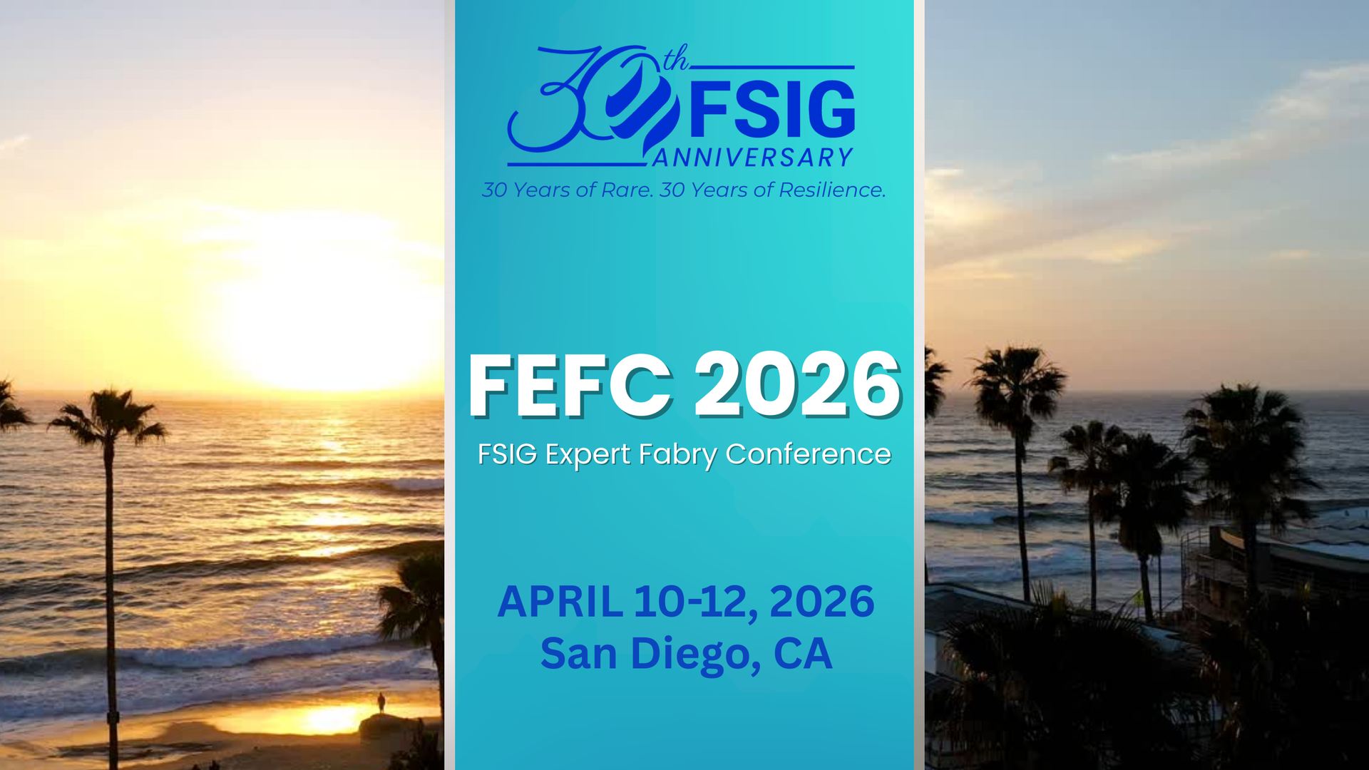 FSIG conference announcement: FEFC 2026 in San Diego, CA, April 10-12, framed by a sunset beach view.