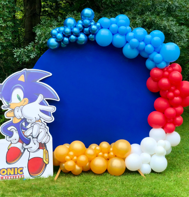 Sonic the Hedgehog party backdrop with blue circle, balloon arch, and character cutout on a lawn.