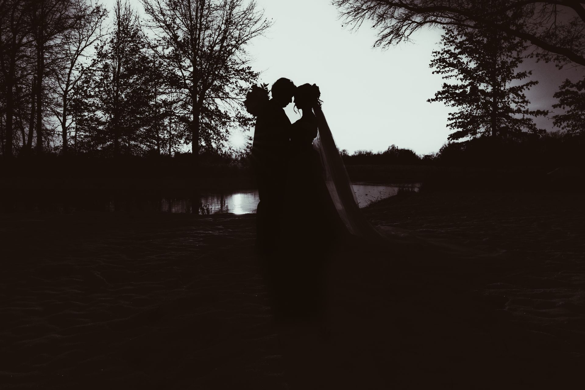 Silhouetted couple embracing, possibly a wedding. Forest background with lake and bright sky.