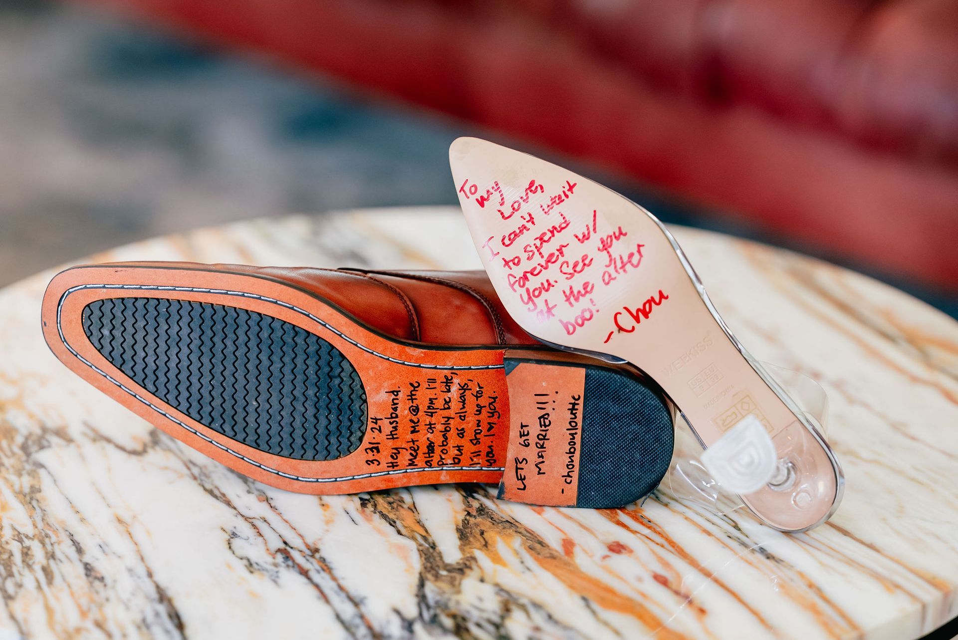 The bottom of a shoe with a message written on it