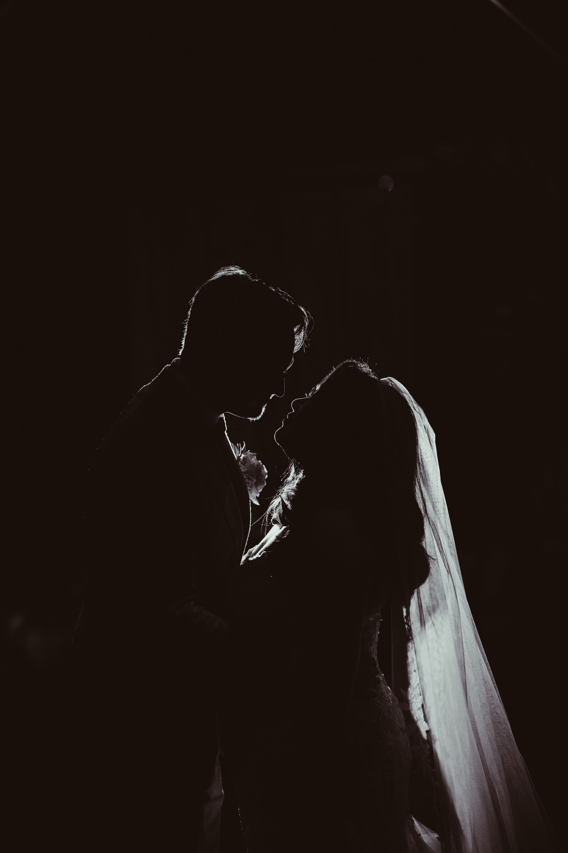 Silhouette of a bride and groom in an embrace, lit from behind, veil visible.