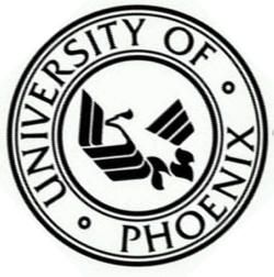University of Phoenix logo: a black phoenix inside a circle with text 