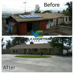 Before-and-after of a home renovation: old, run-down building to a modern, single-story home with a new driveway.