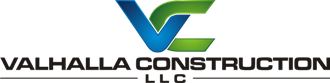 Logo for Valhalla Construction LLC, with a blue and green