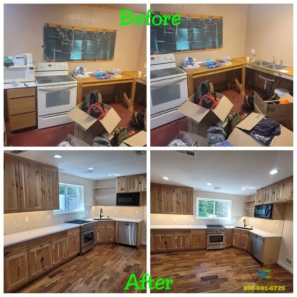 Before-and-after kitchen remodel showing cluttered then clean, updated wood cabinets and white counters.