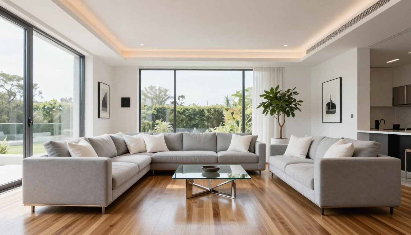 A sparkling clean modern living room prepared for a real estate listing.