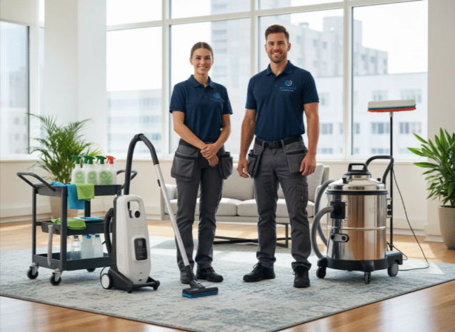 Cleaning supplies set: bucket, mop, spray bottles, brush, soap, on a counter by a window.