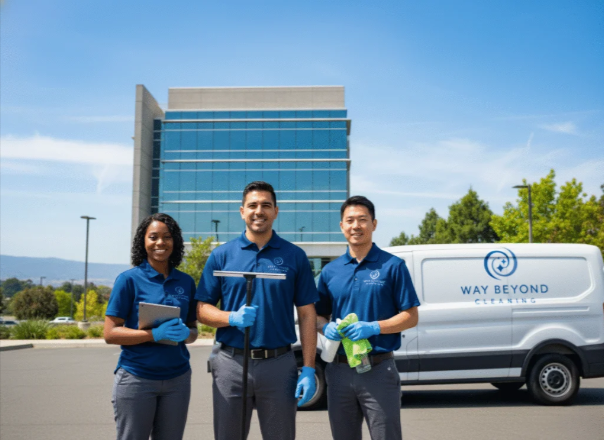 Man in mask and gloves disinfecting a dental office countertop.