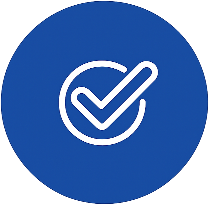 White checkmark inside a circle on a blue background, indicating approval.