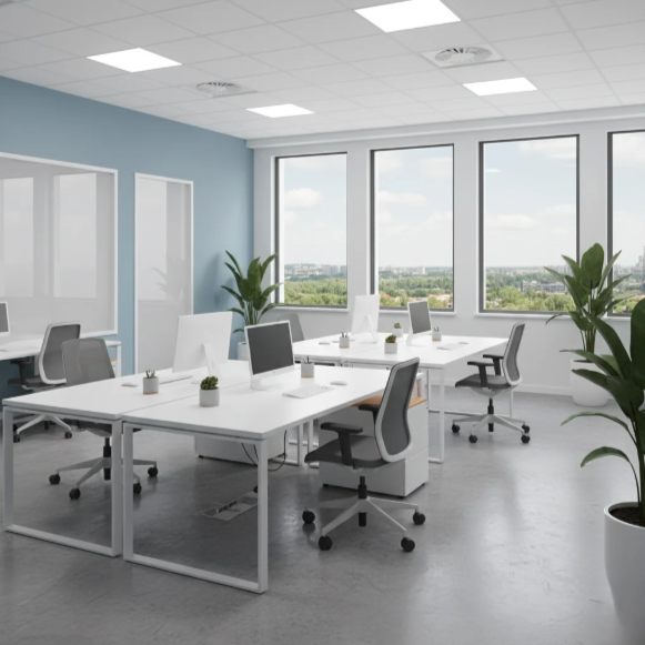 Person in blue gloves sanitizing a door handle with spray bottle and cloth in office setting.