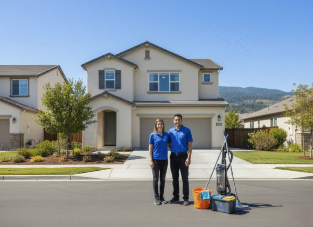 Man in mask and gloves disinfecting a dental office countertop.