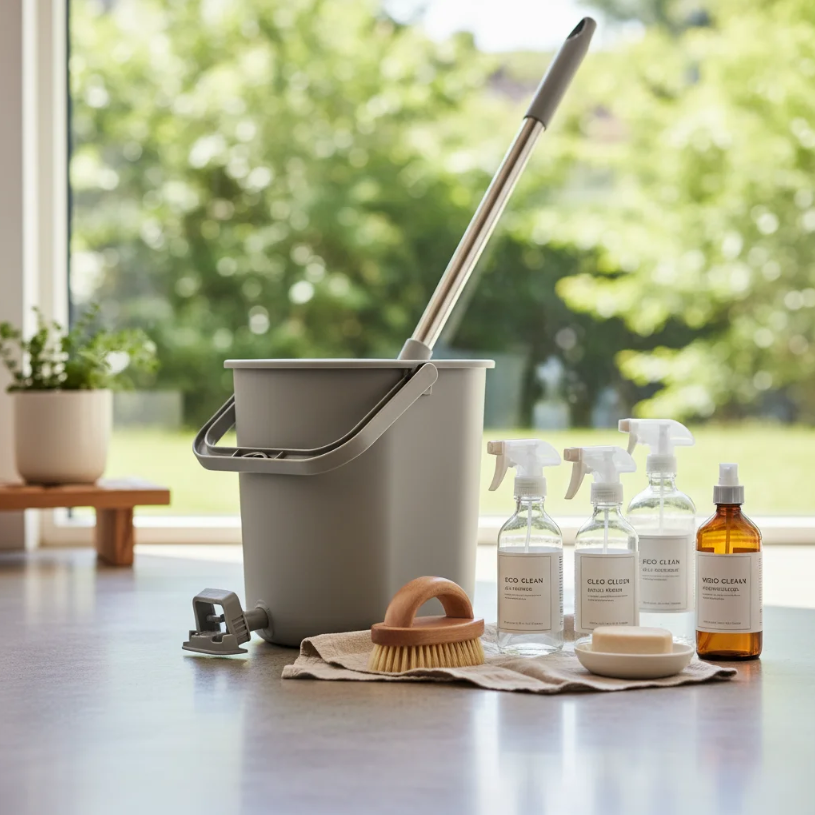 Cleaning supplies set: bucket, mop, spray bottles, brush, soap, on a counter by a window.
